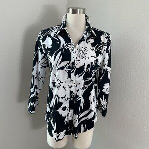 Chaps Womens Large Black White Floral Button Up Blouse 3/4 Sleeve Shirt Top